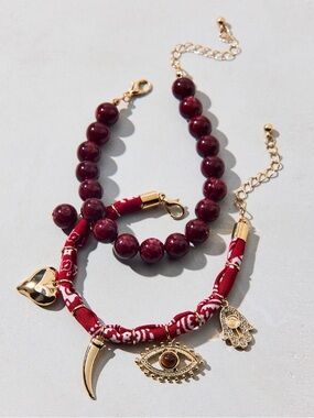 Red Boho Layered Beaded Bandana Statement Bracelet Set With Gold Charm